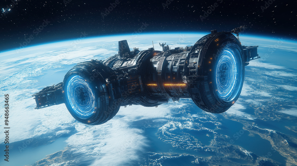 Futuristic space station orbiting Earth with advanced technology and glowing blue lights Futuristic space station orbiting Earth with advanced technology and glowing blue lights