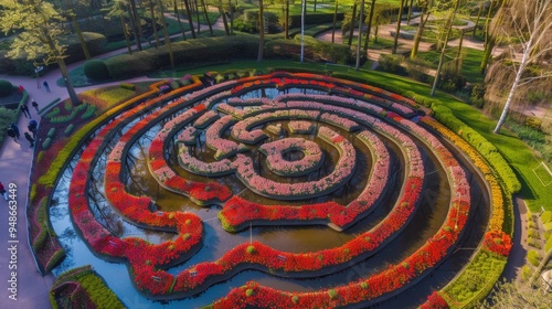 Aerial view of a circular flower garden with water channels forming a maze pattern.