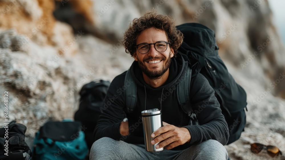 A man with curly hair and glasses enjoying a break during a hike, holding a mug and smiling, with rocky terrain and hiking gear visible in the background. A man with curly hair and glasses enjoying a break during a hike, holding a mug and smiling, with rocky terrain and hiking gear visible in the background.