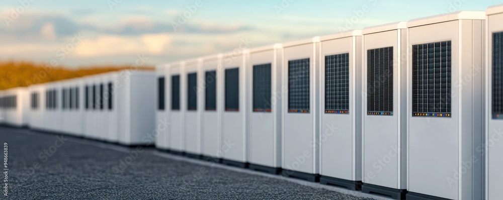 Fototapeta premium Modern energy storage units lined up in a serene landscape, showcasing innovative technology for sustainable power solutions.