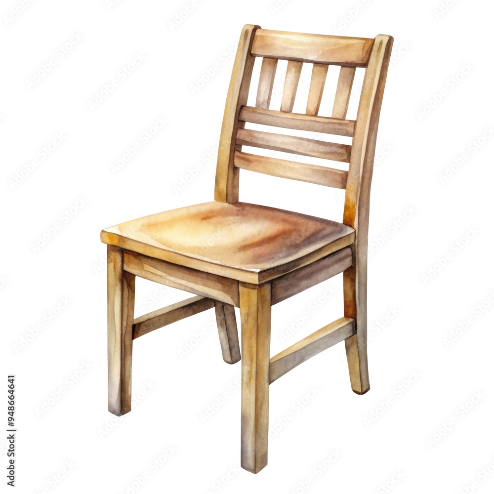 Watercolor illustration of a wooden chair with a slatted back, showcasing a traditional and simple design with natural wood texture. Isolated on transparent background, png. Watercolor illustration of a wooden chair with a slatted back, showcasing a traditional and simple design with natural wood texture. Isolated on transparent background, png.