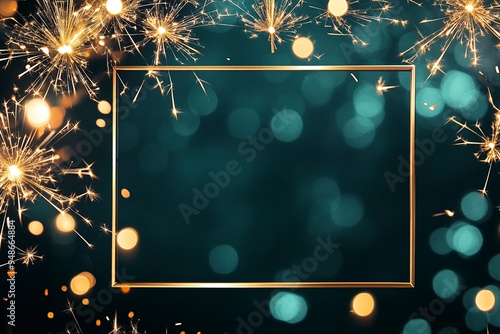 Sylvester Party background greeting card template - Gold empty frame, sparkling sparklers and bokeh lights on dark green black night sky texture. Generative Ai