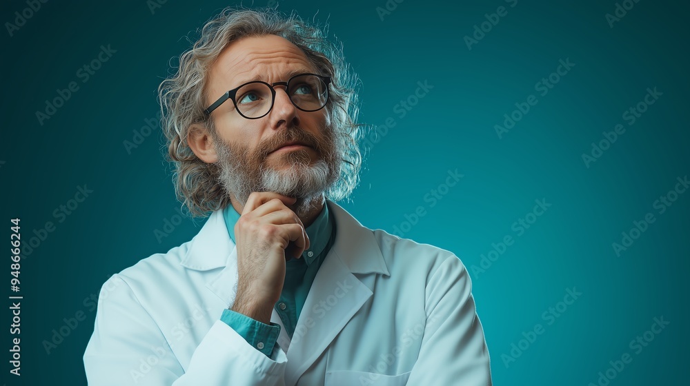 scientist in thinking pose isolated on blue background scientist in thinking pose isolated on blue background