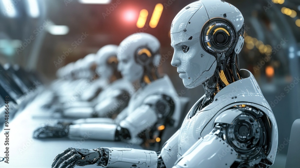 A Row of Humanoid Robots in an Industrial Setting A Row of Humanoid Robots in an Industrial Setting