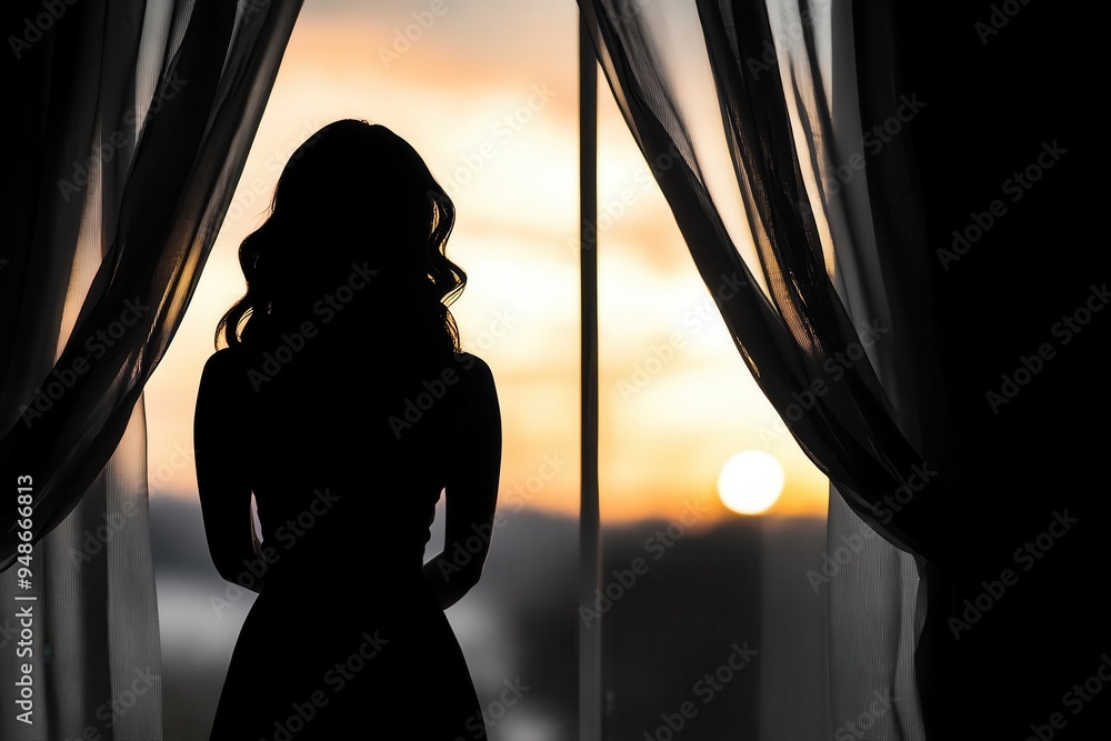 A silhouette of a woman standing by a window, gazing at a beautiful sunset backdrop, evoking feelings of reflection and serenity.