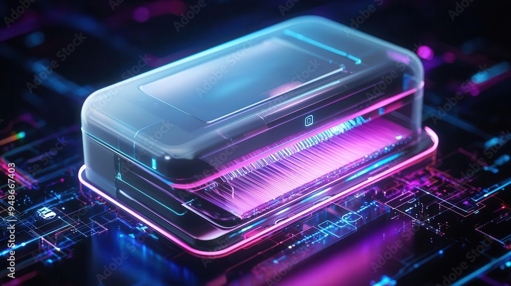 Futuristic transparent server with glowing circuit board. Futuristic transparent server with glowing circuit board.