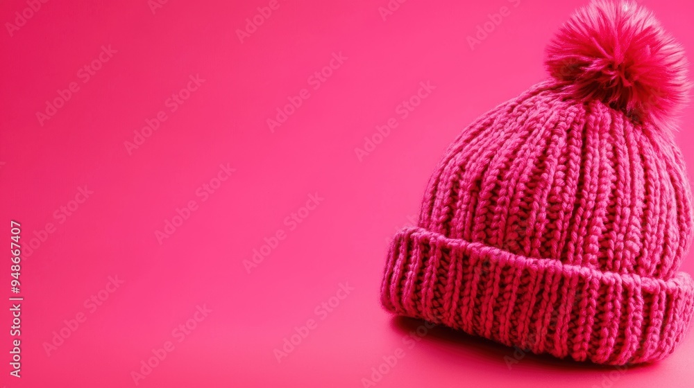 Cozy Pink Knitted Beanie with Pom Pom on Vibrant Background Cozy Pink Knitted Beanie with Pom Pom on Vibrant Background
