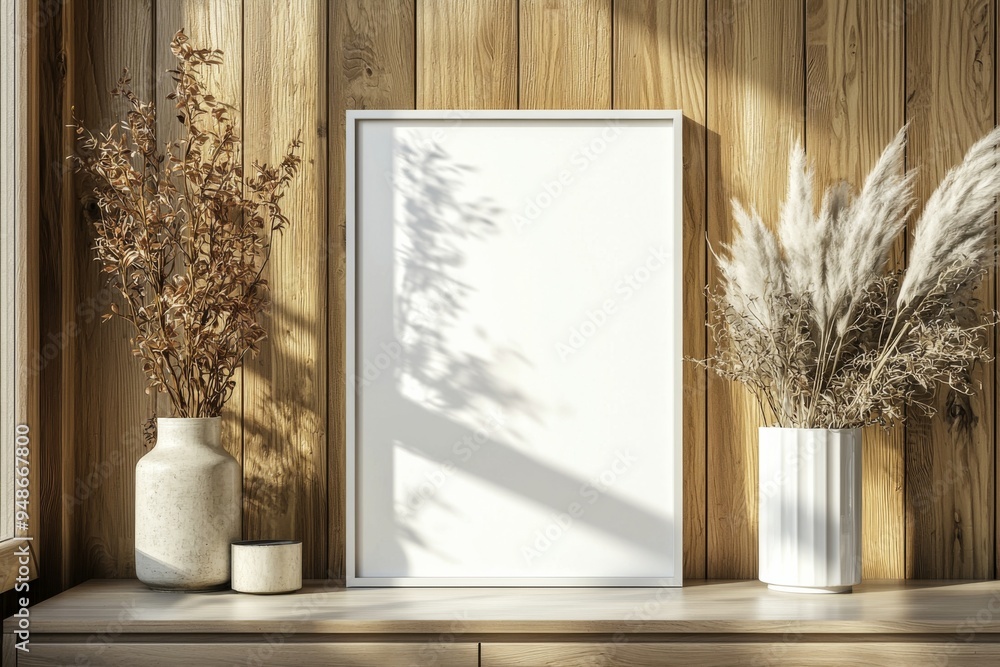 Poster Frame Mockup on Wooden Interior Background created with Generative AI Poster Frame Mockup on Wooden Interior Background created with Generative AI