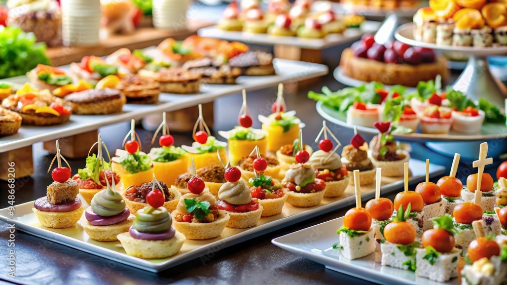 Buffet food catering event with various mini canapes, snacks, and appetizers at a restaurant , buffet, catering, food, party Buffet food catering event with various mini canapes, snacks, and appetizers at a restaurant , buffet, catering, food, party