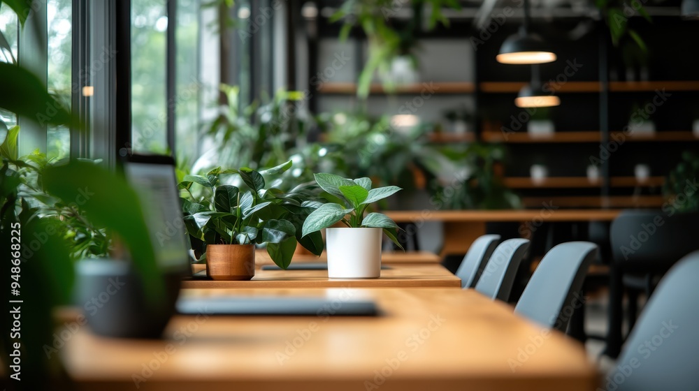This image depicts a modern office space featuring wooden tables, ergonomic chairs, and various potted plants, all bathed in natural light filtering through large windows for a refreshing ambiance. This image depicts a modern office space featuring wooden tables, ergonomic chairs, and various potted plants, all bathed in natural light filtering through large windows for a refreshing ambiance.