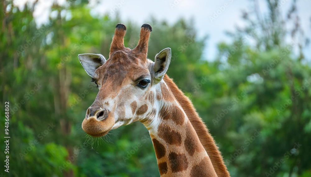 Giraffe face portrait, green trees on backdrop. Wild African animal. Safari park. Zoo concept. Giraffe face portrait, green trees on backdrop. Wild African animal. Safari park. Zoo concept.