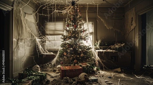 Type: full shot, , Subject: ominous Christmas tree decorated with unsettling items like fake spider webs and grotesque masks, Environment: dark, cluttered room with eerie photo