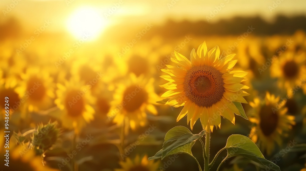 Fototapeta premium A picturesque scene of a sunflower field at sunset, with warm golden light casting a soft glow over the blooming flowers and creating a serene atmosphere.