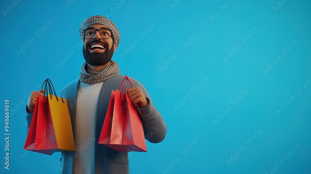 Online shopping concept with character. Can use for web banner, infographics, hero images.3D illustration of smiling Arab man Hadi.3D rendering on blue background. Online shopping concept with character. Can use for web banner, infographics, hero images.3D illustration of smiling Arab man Hadi.3D rendering on blue background.