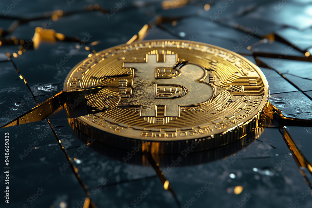 A stunning 3D golden Bitcoin on a textured black surface with shattered glass effects A stunning 3D golden Bitcoin on a textured black surface with shattered glass effects