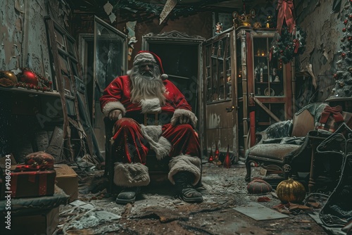 Type: medium shot, Artistic , Subject: eerie Santa Claus with dark, tattered robes and a chilling expression, surrounded by twisted, shadowy holiday decorations, Environment: photo