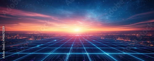 Futuristic landscape at sunset with a glowing grid and bright horizon. Vibrant digital scenery with a cyberpunk aesthetic.