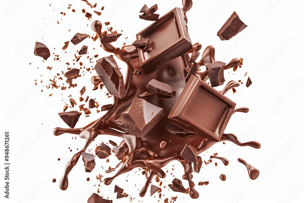 Fototapeta premium Chocolate splash with pieces of dark and milk chocolate on a white background.