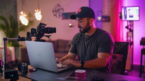 A tech vlogger reviewing gadgets with a laptop and camera setup in a sleek, tech-themed studio.