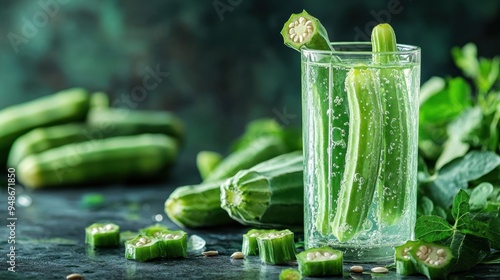 banner concept showcasing okra seeds and infused water promoting weight loss through a nutritious diet with balanced ingredients for a healthy lifestyle photo