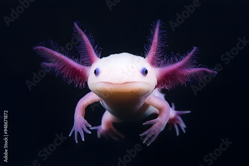 Detailed macro photograph of a pink axolotl in dark water showing its unique aquatic features