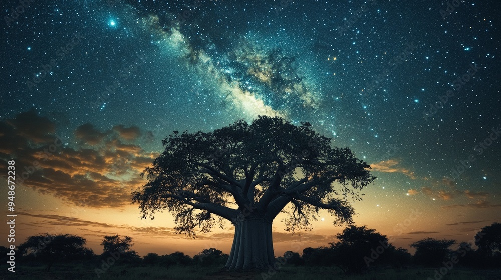 Majestic Baobab Tree Under a Starry Night Sky: Nature's Serenity and ...