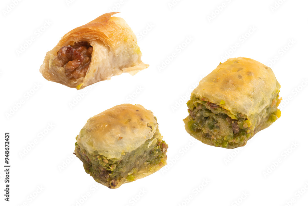 Turkish pistachio baklava isolated on white background. Turkish pistachio baklava isolated on white background.