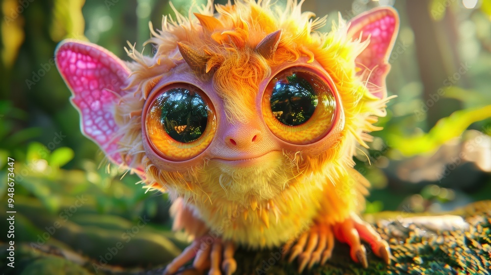 Hyper-realistic 3D cute monster with large expressive eyes and fluffy fur or scales, posed playfully against an enchanted forest backdrop. Hyper-realistic 3D cute monster with large expressive eyes and fluffy fur or scales, posed playfully against an enchanted forest backdrop.