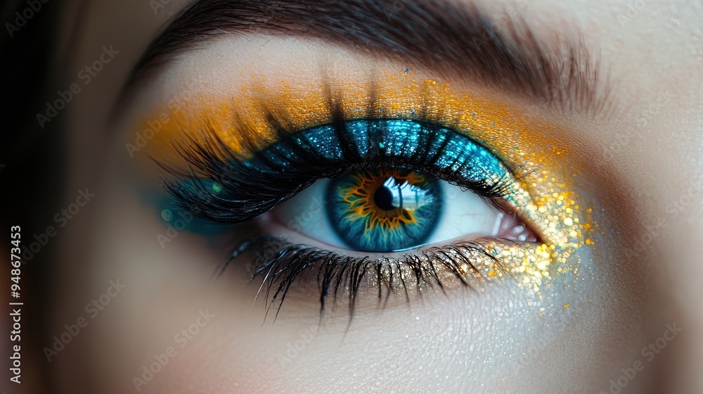 Stunning Macro Shot of Woman's Eyes with Intricate Blue and Yellow Makeup: Perfect for Sporty Interior Posters and Bold Art Displays!