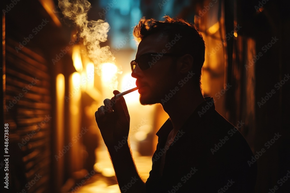 Fototapeta premium A man smoking in a dimly lit urban alley at dusk