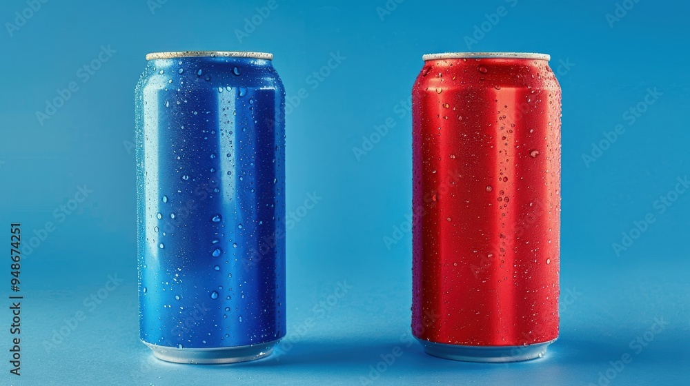 Side by side, a red and a blue soda can showcase their competition, with condensation droplets emphasizing their cold, refreshing nature against a blue background. Side by side, a red and a blue soda can showcase their competition, with condensation droplets emphasizing their cold, refreshing nature against a blue background.