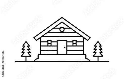 Outline vector illustration of wooden cabins with a tree in the forest, rustic and nature-themed art.