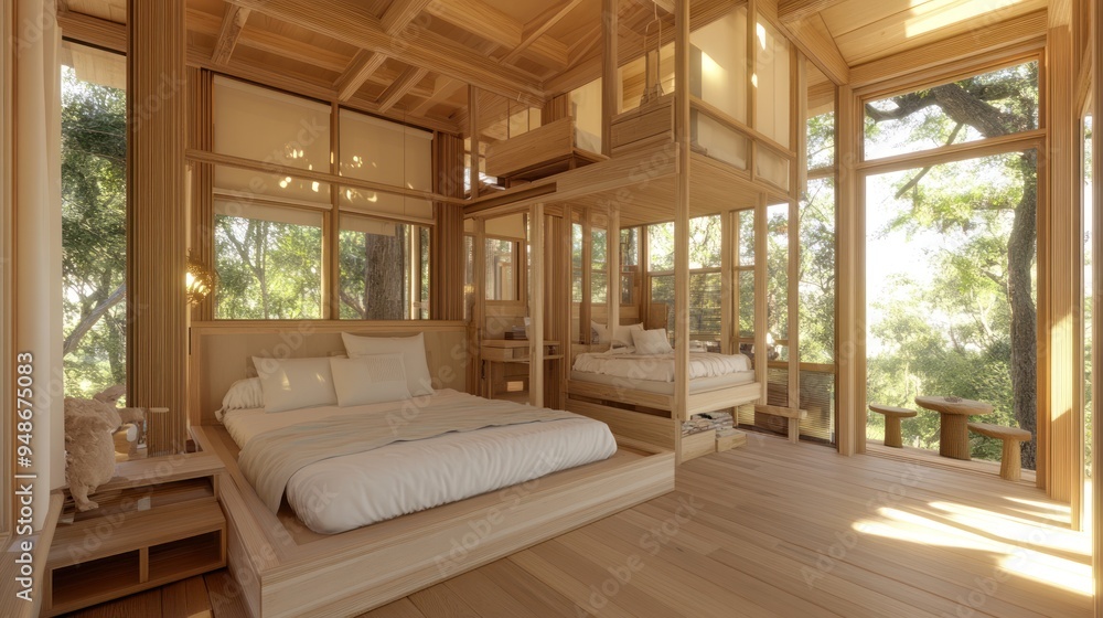 A modern, minimalist bedroom with a wooden bed and large windows overlooking a lush forest. A modern, minimalist bedroom with a wooden bed and large windows overlooking a lush forest.