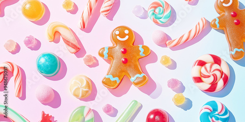 Floating gummy gingerbread men with candy, aesthetic Christmas background
