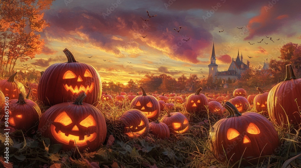 A pumpkin patch with a variety of carved and uncarved pumpkins, set against a twilight sky, capturing the essence of Halloween festivities. A pumpkin patch with a variety of carved and uncarved pumpkins, set against a twilight sky, capturing the essence of Halloween festivities.