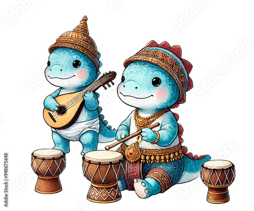 chubby baby dinosaurs playing traditional Thai instruments like the khim and rana. photo