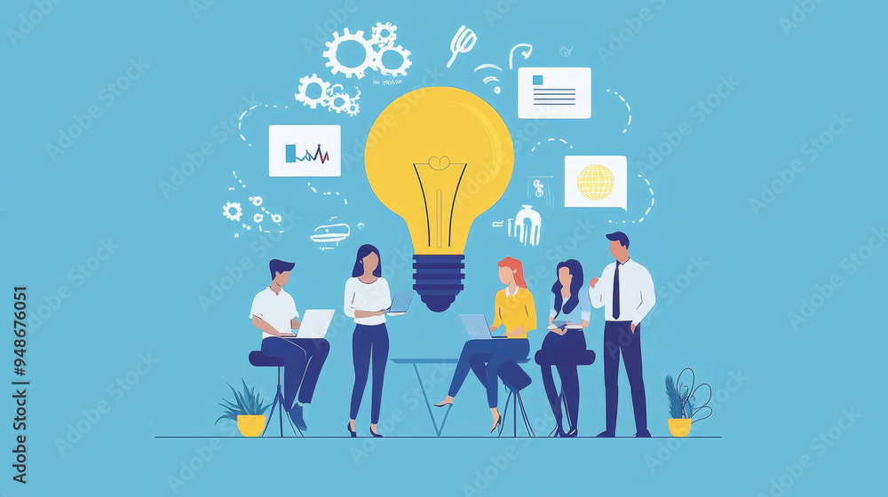 A group of people are sitting around a table with a light bulb in the middle A group of people are sitting around a table with a light bulb in the middle