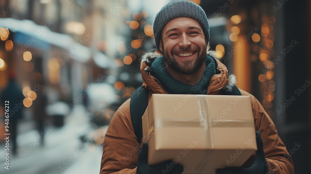 Delivery person holding a gift box Delivery person holding a gift box