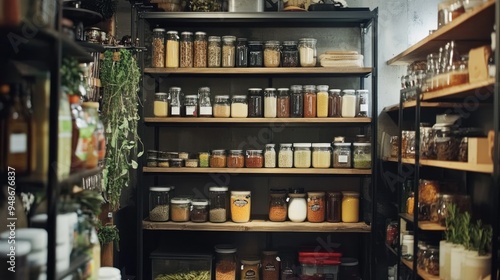 A kitchen pantry with shelves filled with glass jars of different grains, beans, and other dry goods.