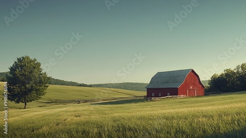 99. **A picturesque farm scene with rolling fields and a red barn under a clear sky.