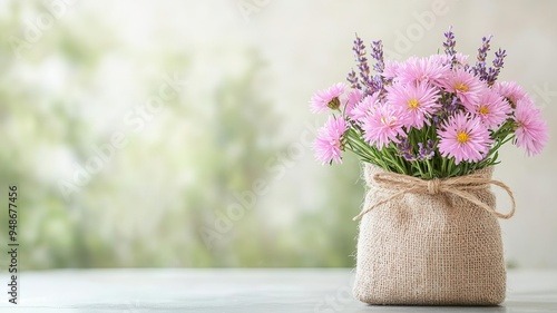 Rustic sack brimming with pink asters and lavender, tied with a twine bow for a natural, fragrant gift, pink flowers sack, fragrant aster bouquet