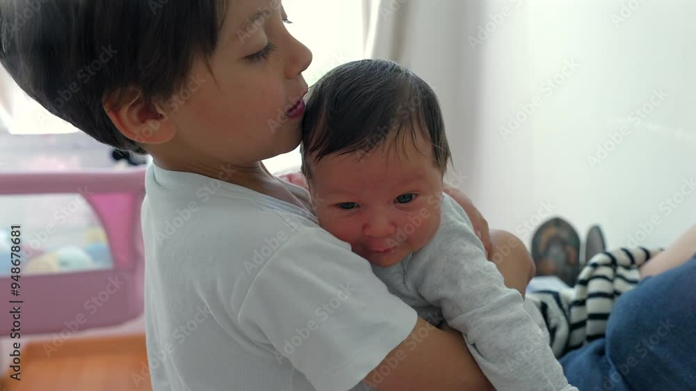 Older brother holding baby sibling with a smile, warm family bond, affectionate moment, nurturing care, cozy indoor setting, sibling connection, early childhood love, natural light Older brother holding baby sibling with a smile, warm family bond, affectionate moment, nurturing care, cozy indoor setting, sibling connection, early childhood love, natural light