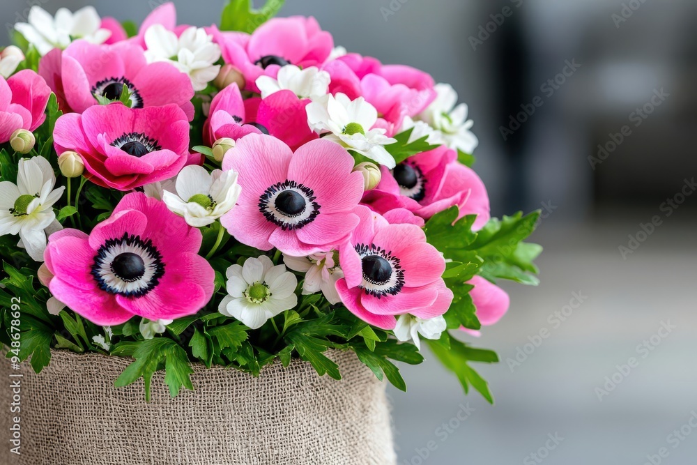 Obraz premium Linen sack filled with pink anemones and delicate white filler flowers, creating a fresh and bright floral arrangement, pink flowers sack, bright anemone bouquet