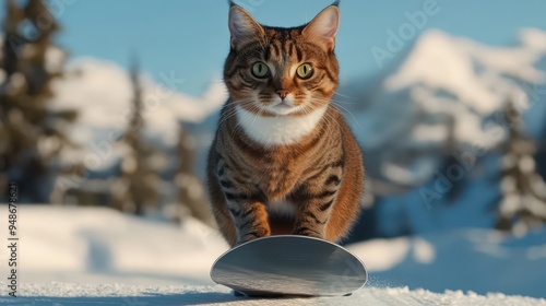 A cat balancing on a snowboard, speeding down a slope with snowcapped trees in the background photo