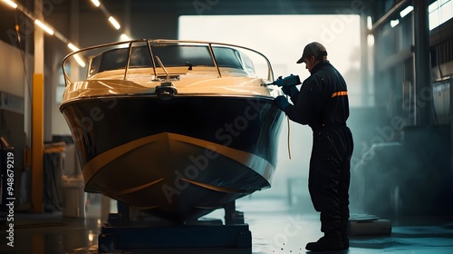 Worker polishing a boat in a workshop.