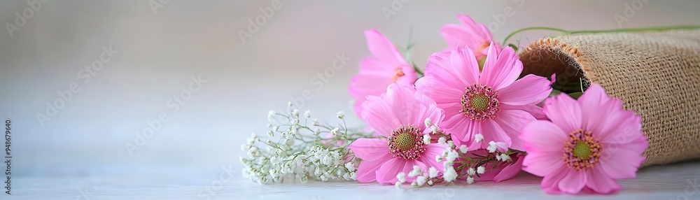 Burlap sack with pink cosmos flowers and baby's breath, arranged for a light and airy look, pink flowers sack, airy cosmos display Burlap sack with pink cosmos flowers and baby's breath, arranged for a light and airy look, pink flowers sack, airy cosmos display
