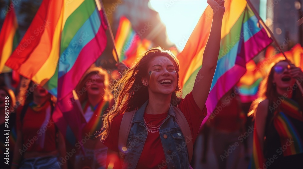 Obraz premium Pride Month . A scene of LGBTQIA protestors marching for equality and justice, their determination and unity visible in their expressions and actions.