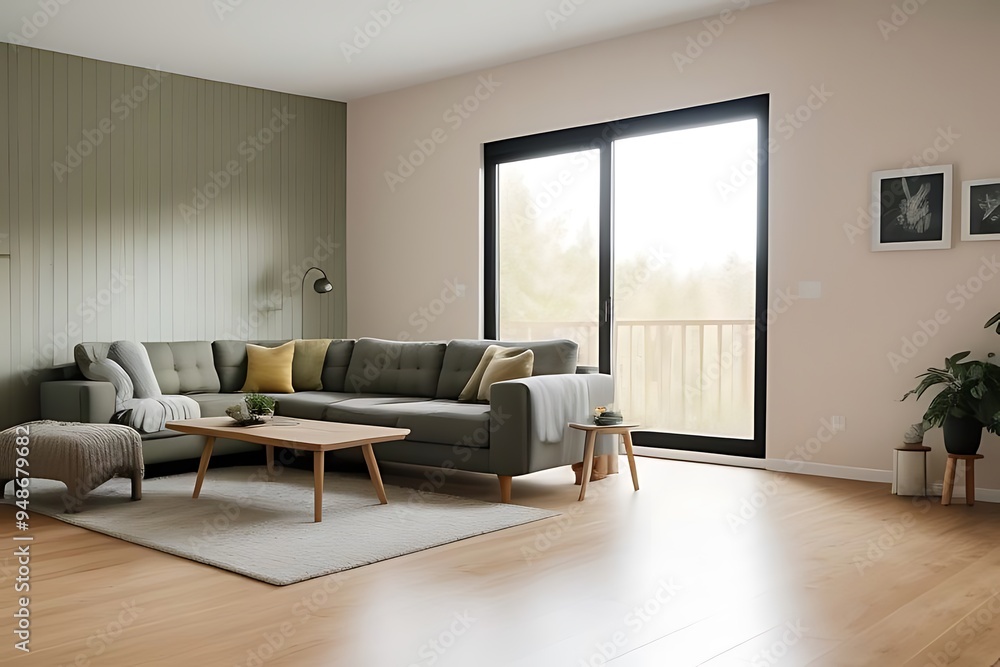 Fototapeta premium Modern living room with olive worn-effect wall.