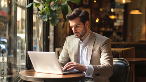 Businessman working on a laptop in a cafe