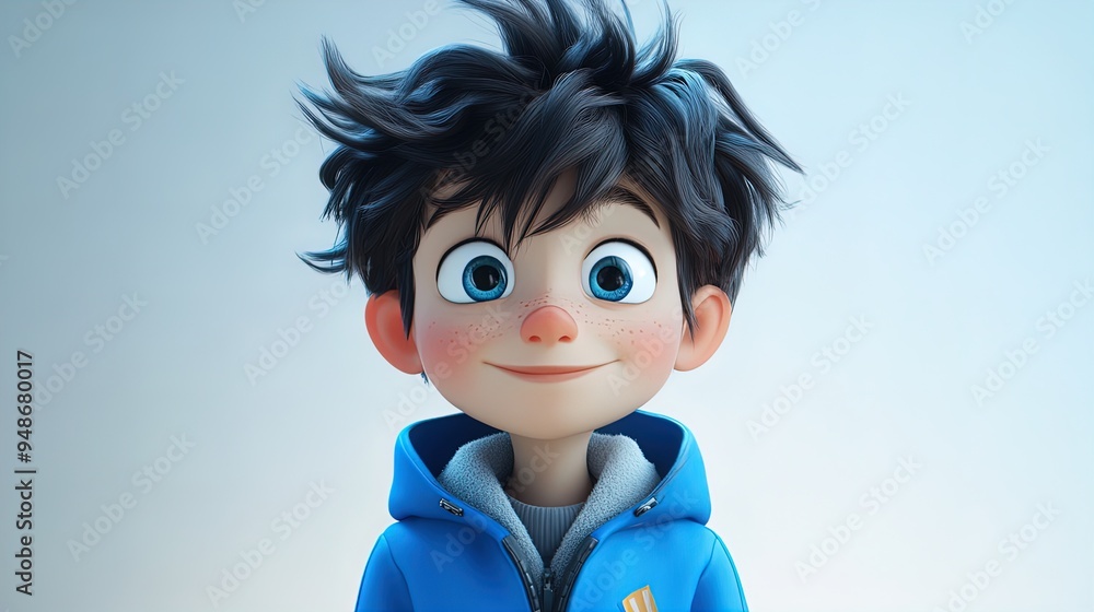 Playful Animated Boy Character in Blue Jacket - Perfect for Sporty Interior Posters with Charming Eyes and Messy Hairstyle on a Light Backdrop Playful Animated Boy Character in Blue Jacket - Perfect for Sporty Interior Posters with Charming Eyes and Messy Hairstyle on a Light Backdrop